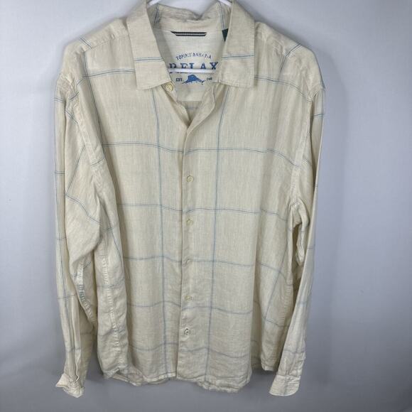 Tommy Bahama Relax Mens Large Linen Blue Button Up Shirt Window Pane - Picture 2 of 12